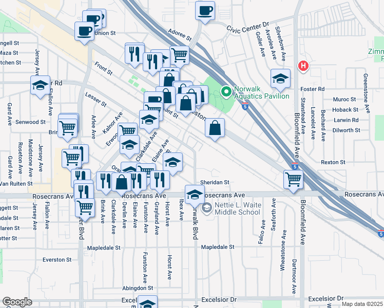 map of restaurants, bars, coffee shops, grocery stores, and more near 13911 Norwalk Boulevard in Norwalk