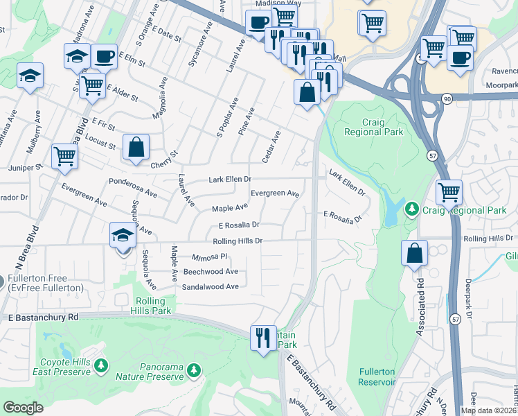 map of restaurants, bars, coffee shops, grocery stores, and more near 3019 Lime Avenue in Fullerton