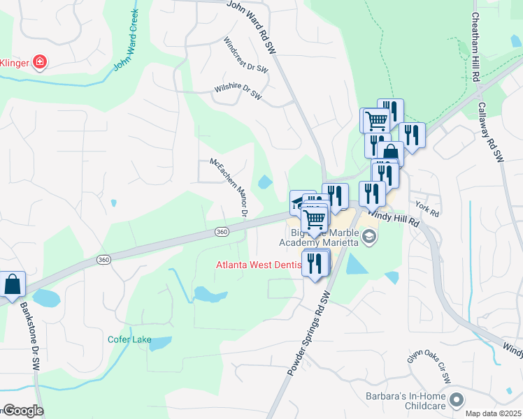 map of restaurants, bars, coffee shops, grocery stores, and more near 1971 McEachern Manor Drive in Marietta