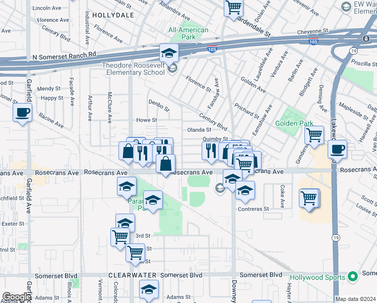 map of restaurants, bars, coffee shops, grocery stores, and more near 8215 Elburg Street in Paramount
