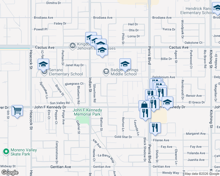 map of restaurants, bars, coffee shops, grocery stores, and more near 24653 Bamboo Court in Moreno Valley