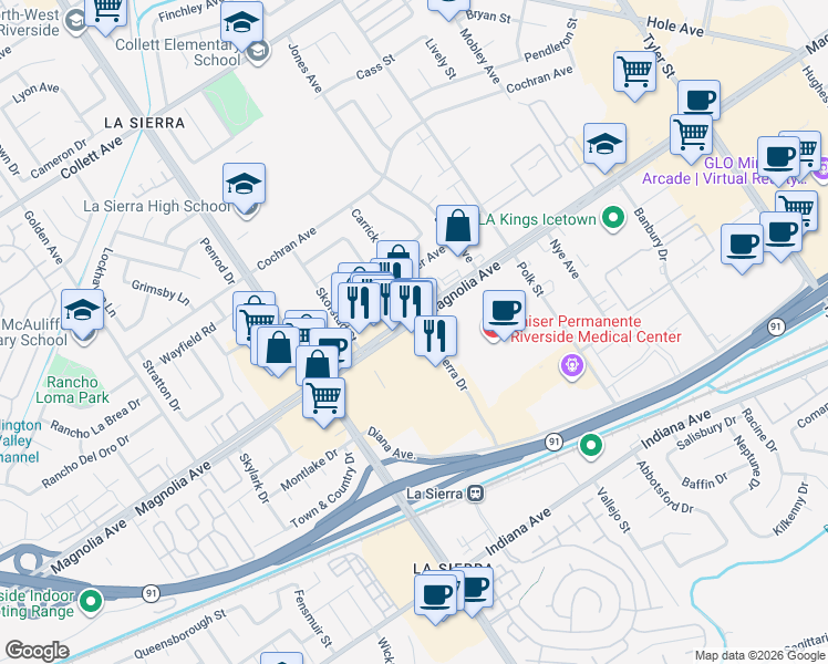 map of restaurants, bars, coffee shops, grocery stores, and more near 10920 Magnolia Avenue in Riverside