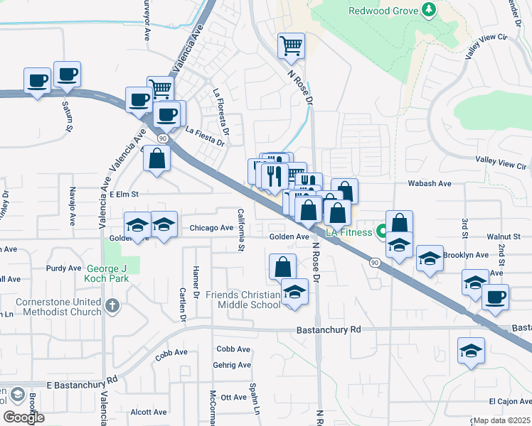 map of restaurants, bars, coffee shops, grocery stores, and more near 2336 Navigation Circle in Placentia