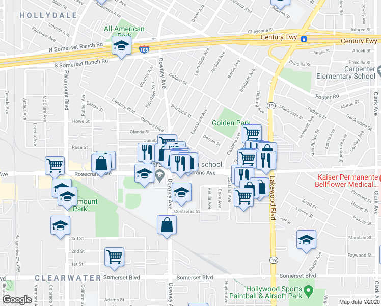 map of restaurants, bars, coffee shops, grocery stores, and more near 8528 Elburg Street in Paramount
