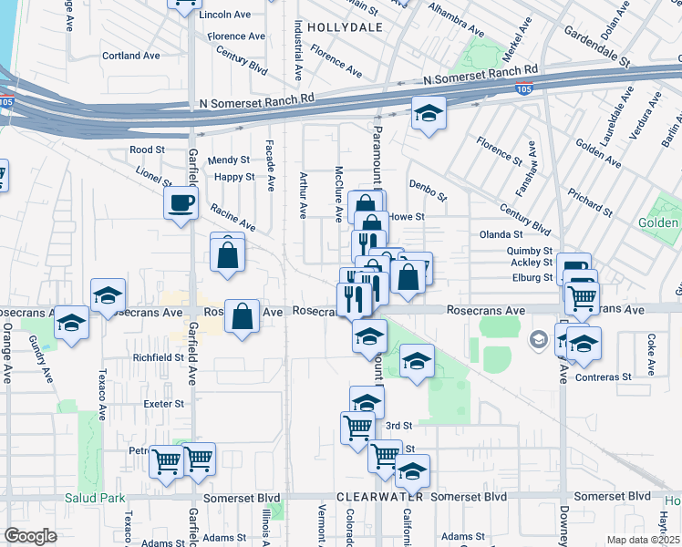 map of restaurants, bars, coffee shops, grocery stores, and more near 14123 McClure Avenue in Paramount