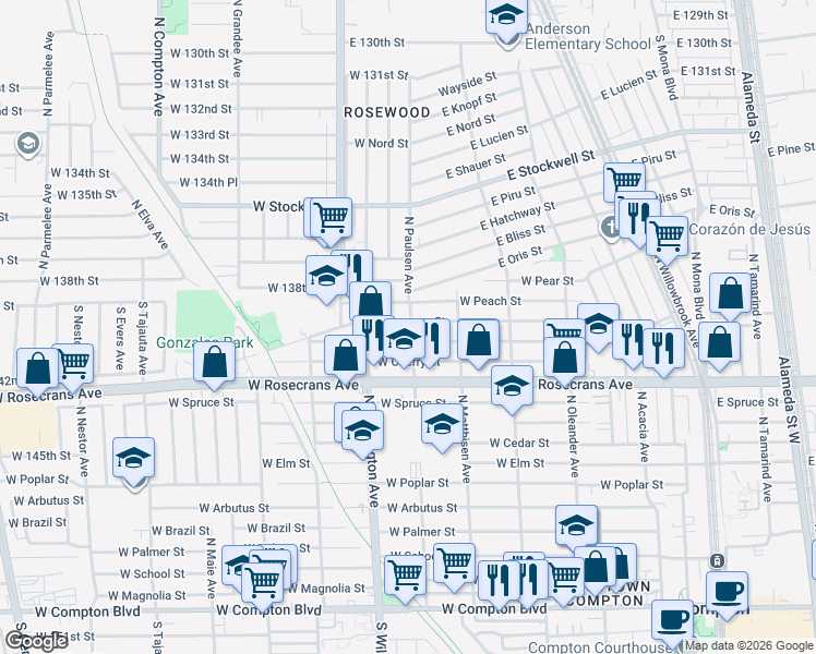 map of restaurants, bars, coffee shops, grocery stores, and more near 634 West Plum Street in Compton