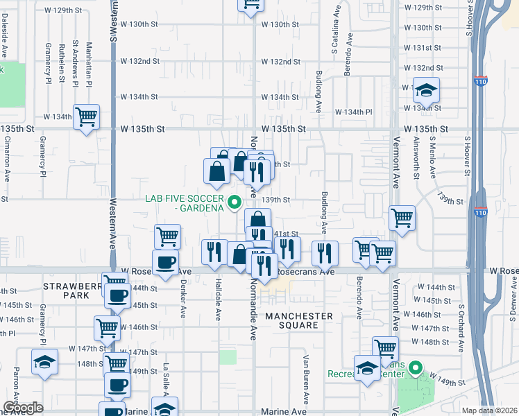 map of restaurants, bars, coffee shops, grocery stores, and more near 14083 Normandie Avenue in Gardena