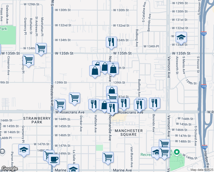 map of restaurants, bars, coffee shops, grocery stores, and more near 13921 Normandie Avenue in Gardena