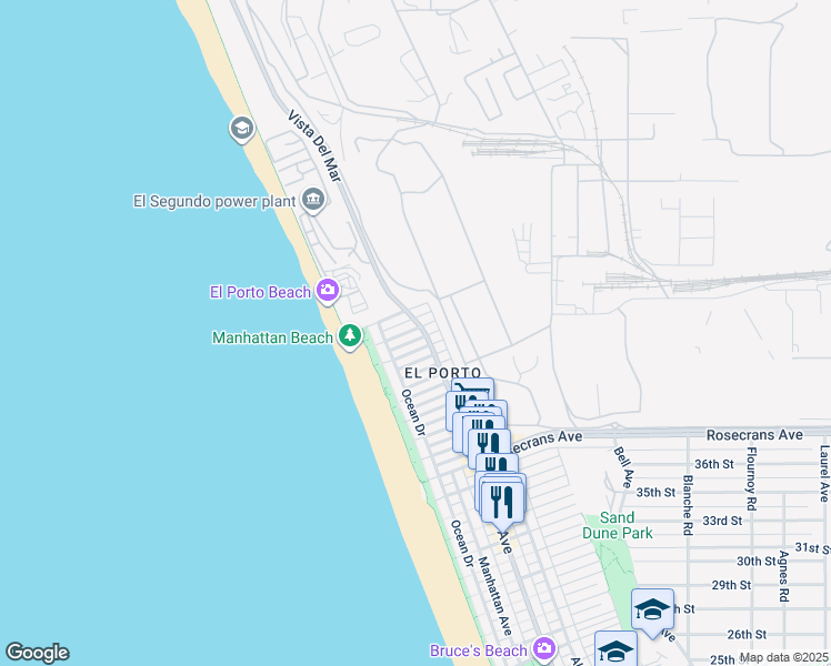 map of restaurants, bars, coffee shops, grocery stores, and more near 209 43rd Street in Manhattan Beach
