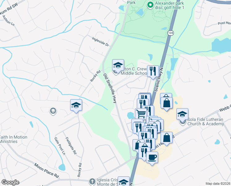 map of restaurants, bars, coffee shops, grocery stores, and more near 1661 Scenic Pines Drive in Lawrenceville