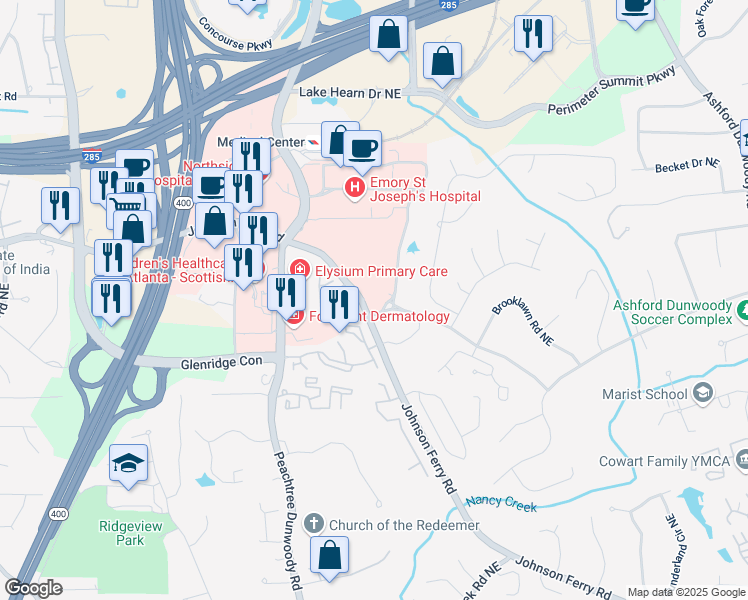 map of restaurants, bars, coffee shops, grocery stores, and more near 5482 Glenridge View Northeast in Atlanta