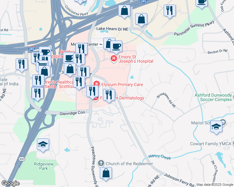 map of restaurants, bars, coffee shops, grocery stores, and more near 5482 Glenridge View Northeast in Atlanta