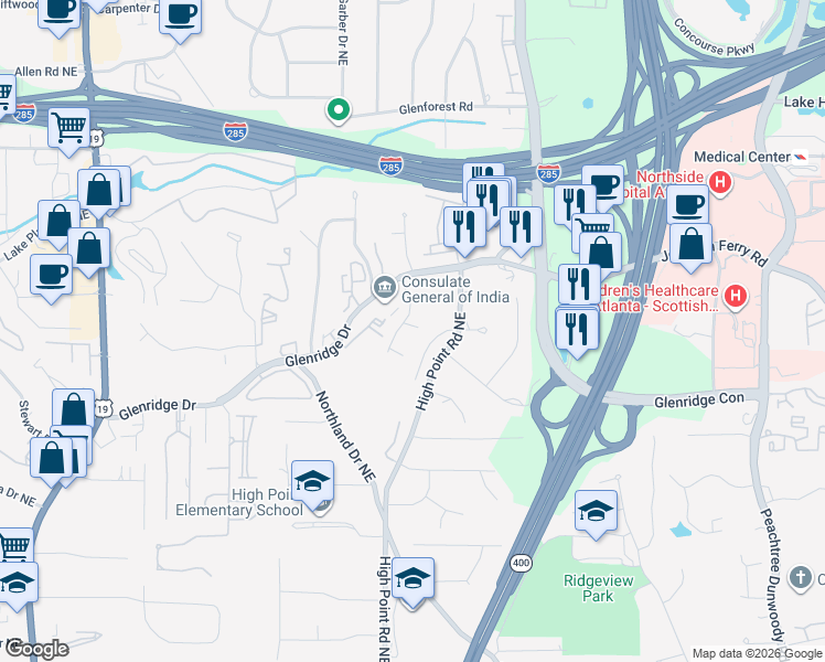 map of restaurants, bars, coffee shops, grocery stores, and more near 683 Royer Court in Atlanta