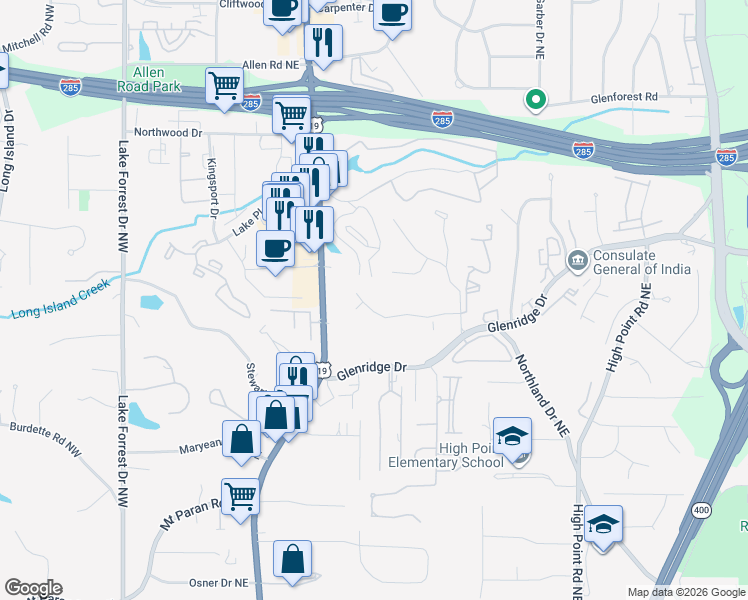 map of restaurants, bars, coffee shops, grocery stores, and more near 328 Tall Oaks Drive Northeast in Atlanta