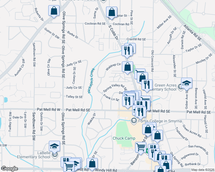 map of restaurants, bars, coffee shops, grocery stores, and more near 211 Spring Valley Road Southeast in Marietta