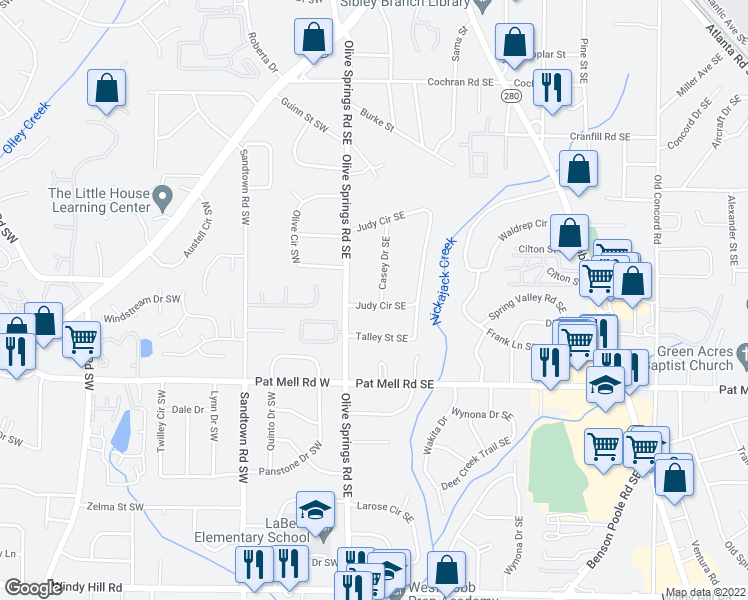 map of restaurants, bars, coffee shops, grocery stores, and more near 1989 Judy Circle Southeast in Marietta