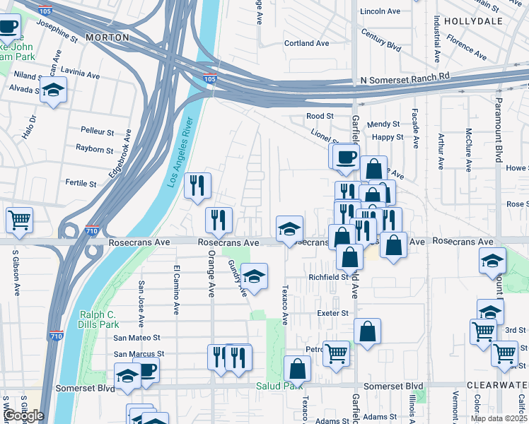 map of restaurants, bars, coffee shops, grocery stores, and more near 7101 Rosecrans Avenue in Paramount