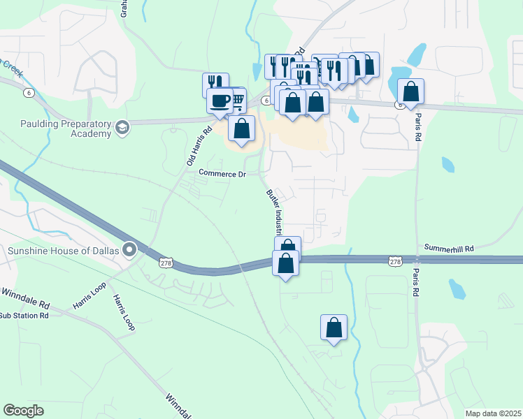 map of restaurants, bars, coffee shops, grocery stores, and more near 416 Butler Industrial Drive in Dallas