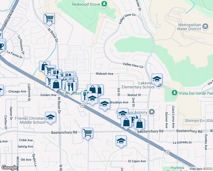 map of restaurants, bars, coffee shops, grocery stores, and more near 17000 Chicago Avenue in Yorba Linda