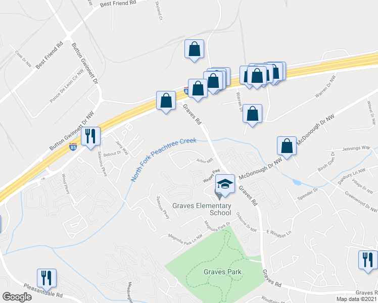 map of restaurants, bars, coffee shops, grocery stores, and more near 1850 Graves Road in Norcross