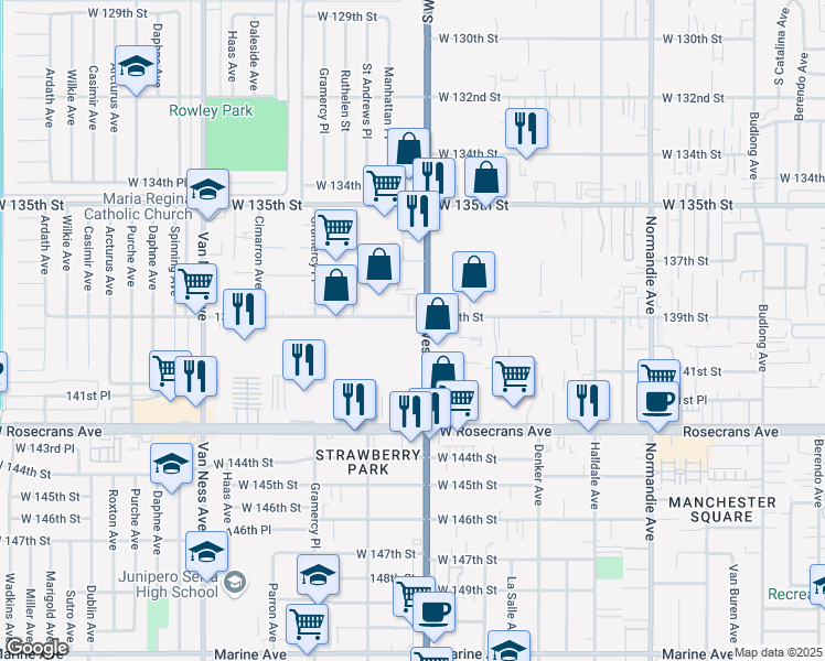 map of restaurants, bars, coffee shops, grocery stores, and more near 13999 Western Avenue in Gardena