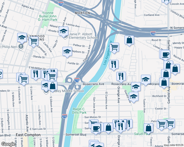 map of restaurants, bars, coffee shops, grocery stores, and more near 3 Rosecrans Avenue in Paramount