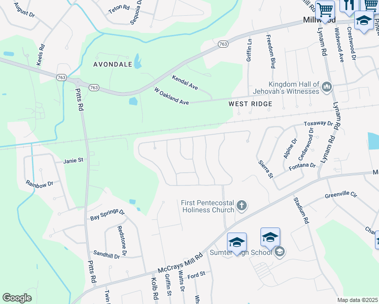 map of restaurants, bars, coffee shops, grocery stores, and more near 630 Talisman Drive in Sumter