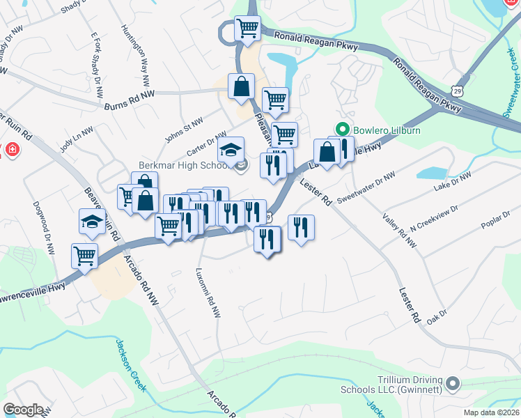 map of restaurants, bars, coffee shops, grocery stores, and more near 3950 Lawrenceville Highway in Lilburn