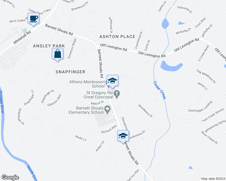 map of restaurants, bars, coffee shops, grocery stores, and more near 3145 South Barnett Shoals Road in Athens