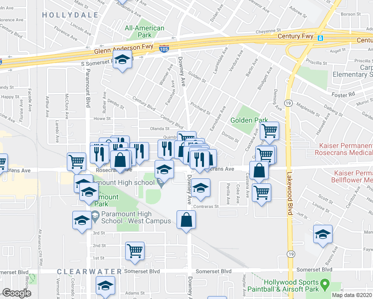 map of restaurants, bars, coffee shops, grocery stores, and more near 13947 Downey Avenue in Paramount