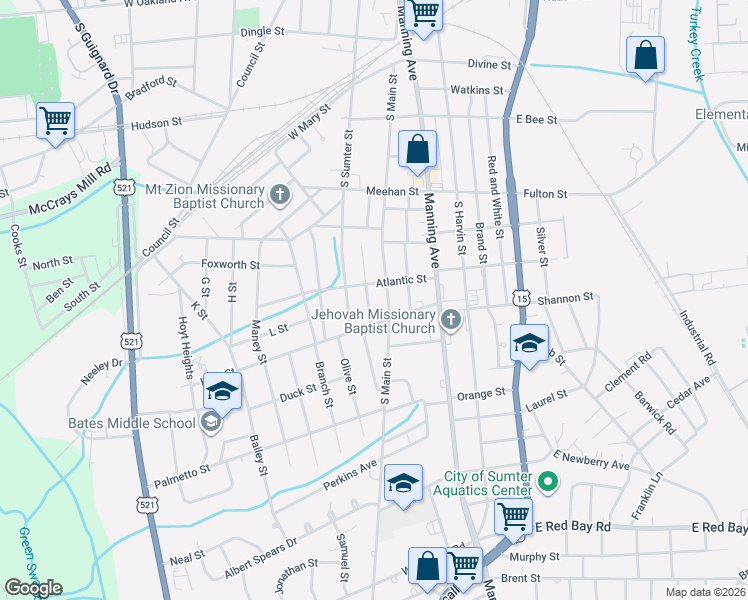 map of restaurants, bars, coffee shops, grocery stores, and more near 724 South Main Street in Sumter
