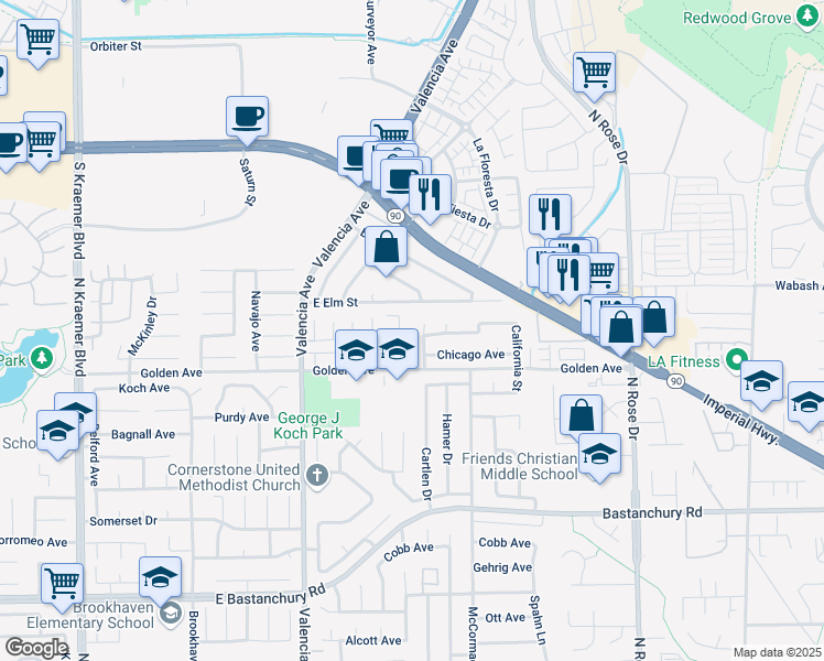 map of restaurants, bars, coffee shops, grocery stores, and more near 2313 Cartlen Drive in Placentia