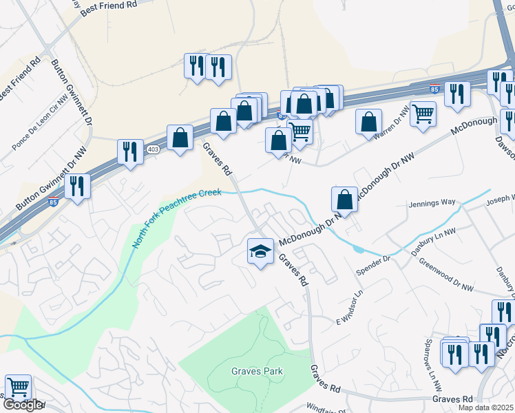 map of restaurants, bars, coffee shops, grocery stores, and more near 805 Olde Mill Lane in Norcross
