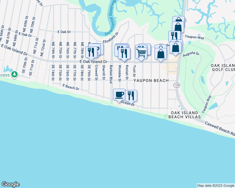 map of restaurants, bars, coffee shops, grocery stores, and more near 205 Womble Street in Oak Island