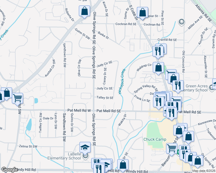 map of restaurants, bars, coffee shops, grocery stores, and more near 1976 Judy Circle Southeast in Marietta