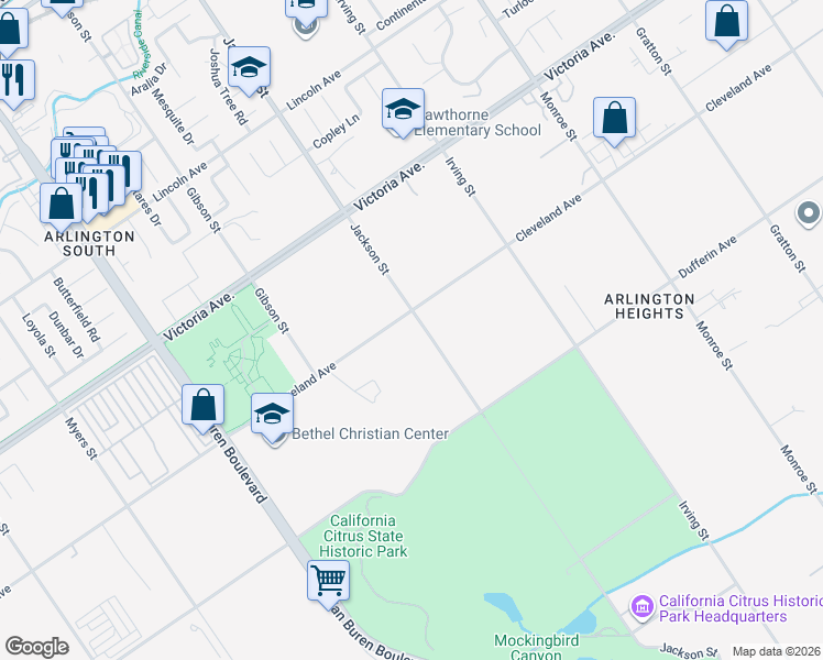 map of restaurants, bars, coffee shops, grocery stores, and more near 9160 Cleveland Avenue in Riverside