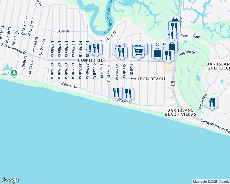 map of restaurants, bars, coffee shops, grocery stores, and more near 205 Womble Street in Oak Island