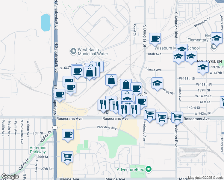 map of restaurants, bars, coffee shops, grocery stores, and more near 2121 Park Place in El Segundo