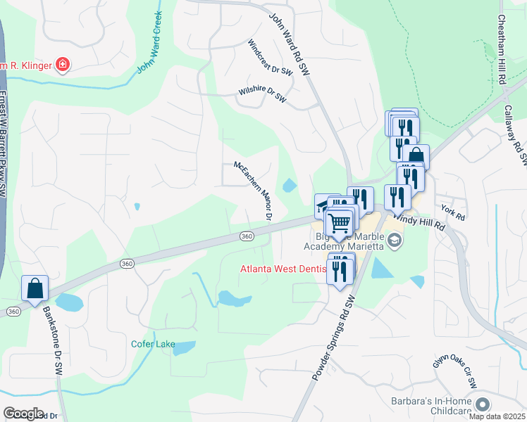 map of restaurants, bars, coffee shops, grocery stores, and more near 2000 Georgia 360 in Marietta