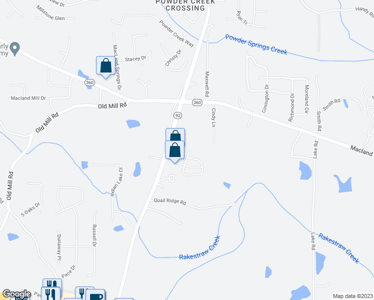 map of restaurants, bars, coffee shops, grocery stores, and more near Darby's Crossing Point in Paulding County