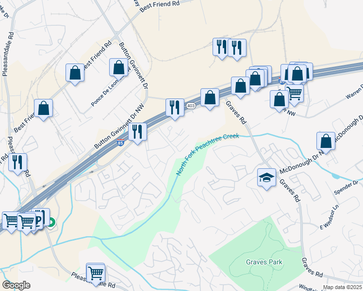 map of restaurants, bars, coffee shops, grocery stores, and more near 1400 Chase Lane in Norcross