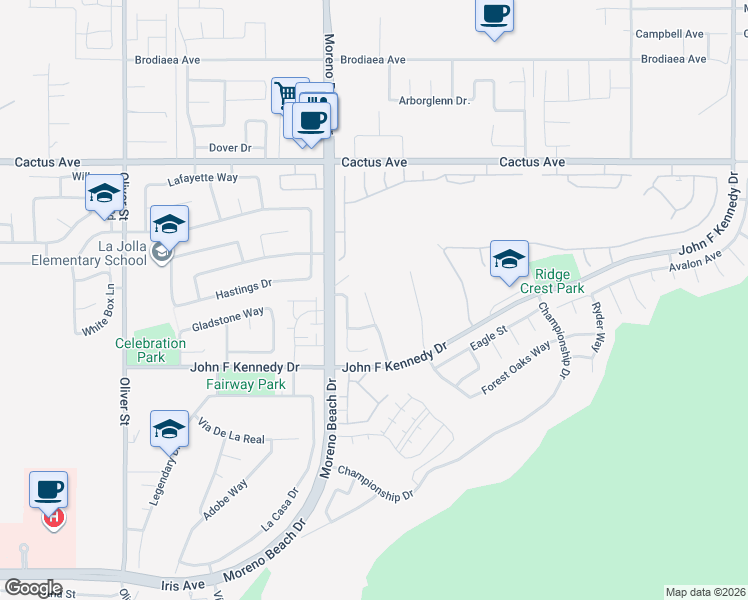 map of restaurants, bars, coffee shops, grocery stores, and more near 28072 Vintner Street in Moreno Valley