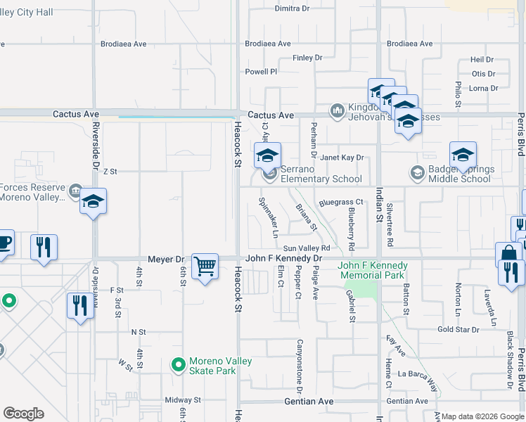 map of restaurants, bars, coffee shops, grocery stores, and more near 14875 Spinnaker Lane in Moreno Valley