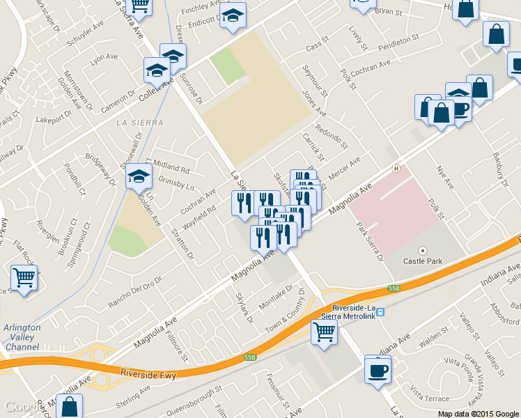 map of restaurants, bars, coffee shops, grocery stores, and more near 3915 La Sierra Avenue in Riverside