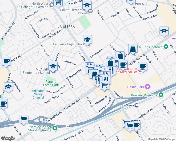 map of restaurants, bars, coffee shops, grocery stores, and more near 3866 La Sierra Avenue in Riverside