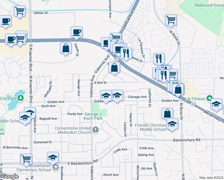 map of restaurants, bars, coffee shops, grocery stores, and more near 2322 Blackfoot Avenue in Placentia