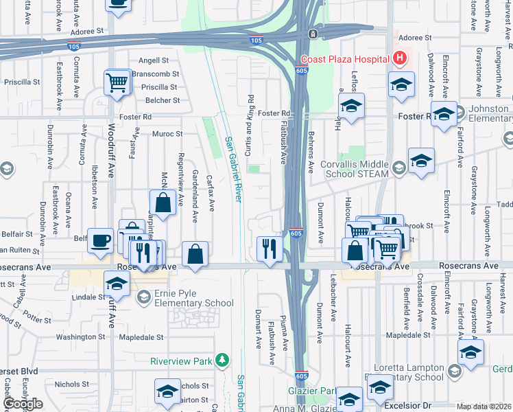 map of restaurants, bars, coffee shops, grocery stores, and more near 13926 Edgewater Drive in Norwalk