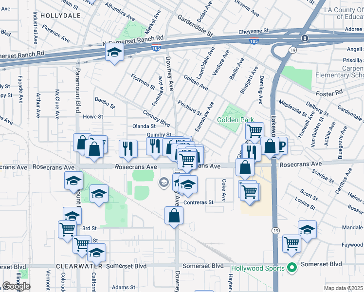 map of restaurants, bars, coffee shops, grocery stores, and more near 8519 Rosecrans Avenue in Paramount