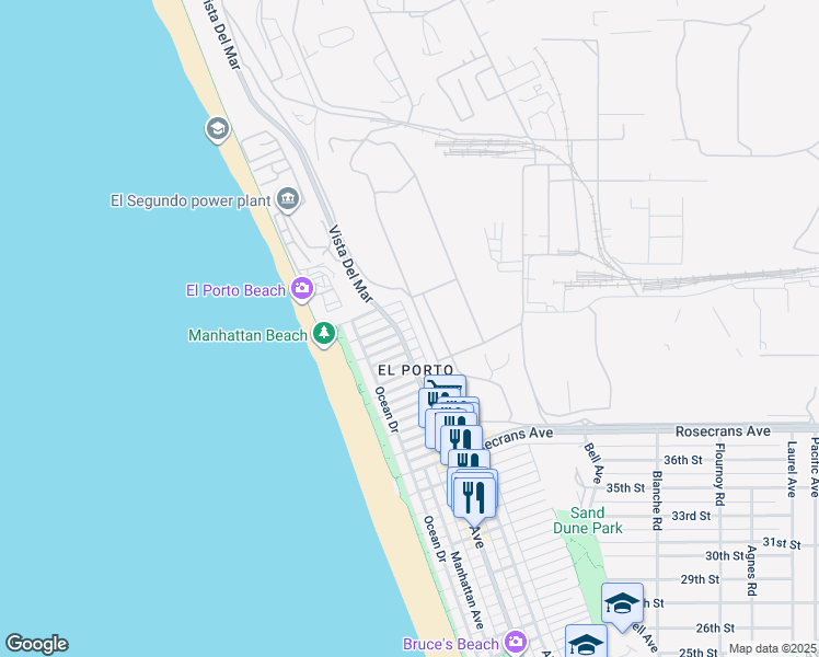 map of restaurants, bars, coffee shops, grocery stores, and more near 4209 Crest Drive in Manhattan Beach