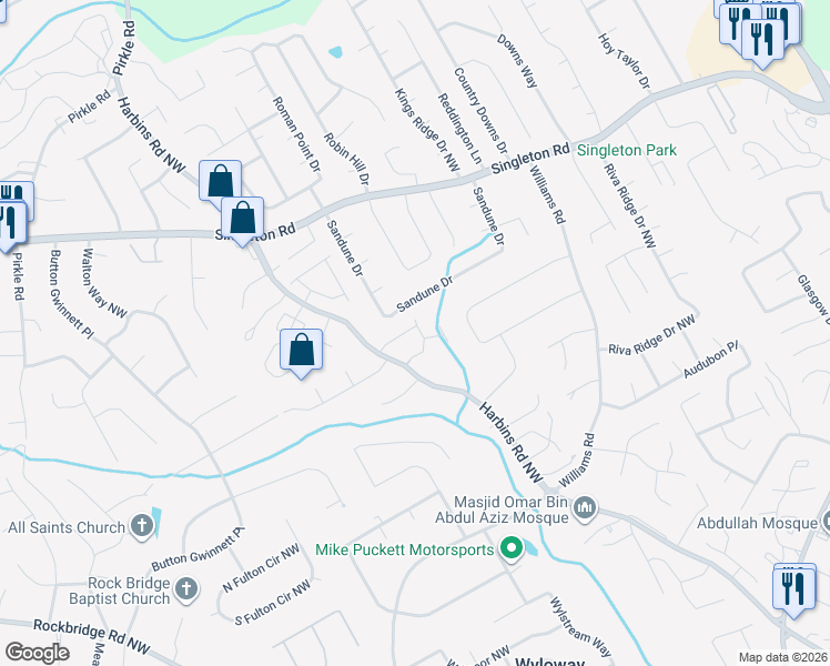 map of restaurants, bars, coffee shops, grocery stores, and more near 5484 Clover Rise Lane in Norcross